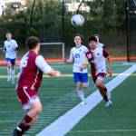 RYAN SPARKS | THE DAILY WORLD Montesano midfielder Jio Torres (10) sends the ball forward to Felix Romero (15) while defended by La Centers Matteo Perez during a 3-2 win in the 1A District 4 Tournament on Tuesday in Montesano.