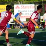 RYAN SPARKS | THE DAILY WORLD Montesano midfielder Andrew Melendez (11) celebrates with teammate Jio Torres (10) after scoring a goal in the second half of a 3-2 win over La Center in the 1A District 4 Tournament on Tuesday in Montesano.