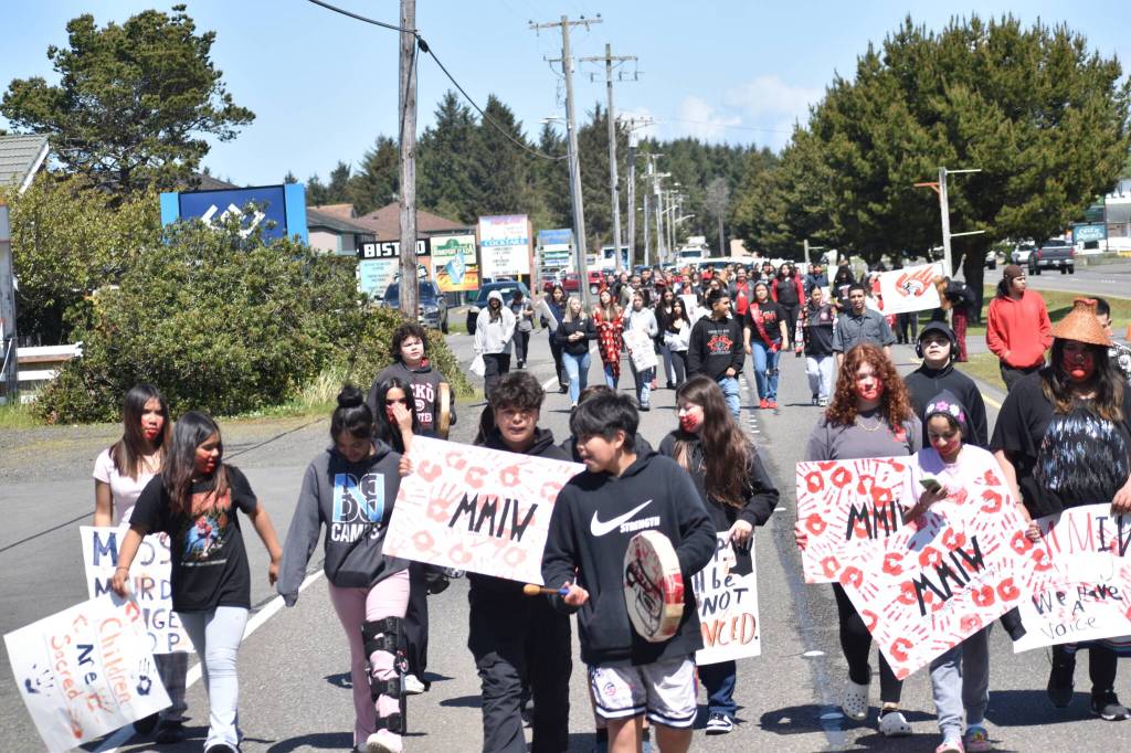 Clayton Franke / The Daily World
About 150 people, from Native students and educators to supporters, gathered in Ocean Shores May 7 to walk down Point Brown Avenue in honor of Missing and Murdered Indigenous Peoples Day, which occurred May 5.