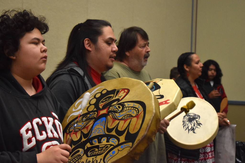 Clayton Franke / The Daily World
Drummers lead a song inside the Ocean Shores Convention Center May 7 as part of an event recognizing Missing and Murdered Indigenous Peoples Day, which occurred May 5.