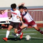 RYAN SPARKS | THE DAILY WORLD Montesano midfielder Cris Tobar (right) and Columbia (White Salmon) forward Isaac Reynoso compete for possession during the Bulldogs 2-0 loss in a 1A District 4 semifinal game on Thursday in Montesano.