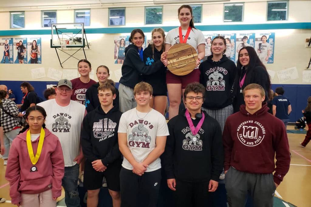 SUBMITTED PHOTO The Montesano powerlifting team poses for a photo after competing at a state-championship meet on Saturday, May 4 in Lacey.