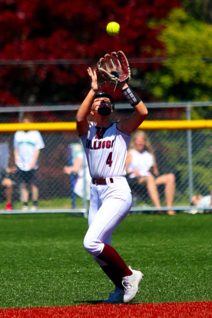 PHOTO BY HAILEY BLANCAS Montesano shortstop Addi Kersker makes a catch during an 8-3 win over Adna on Saturday at Dick Tagman Field in Montesano.