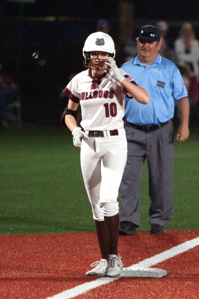RYAN SPARKS | THE DAILY WORLD Montesano outfielder Liv Robinson stands on third base after hitting a triple in a 3-2 win over Aberdeen on Friday in Montesano.