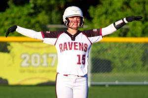 RYAN SPARKS | THE DAILY WORLD Raymond-South Bends Kassie Koski gestures toward her teammates after driving in a run during a 12-3 victory over Napavine in a 2B District 4 Tournament first-round game on Monday in Montesano.