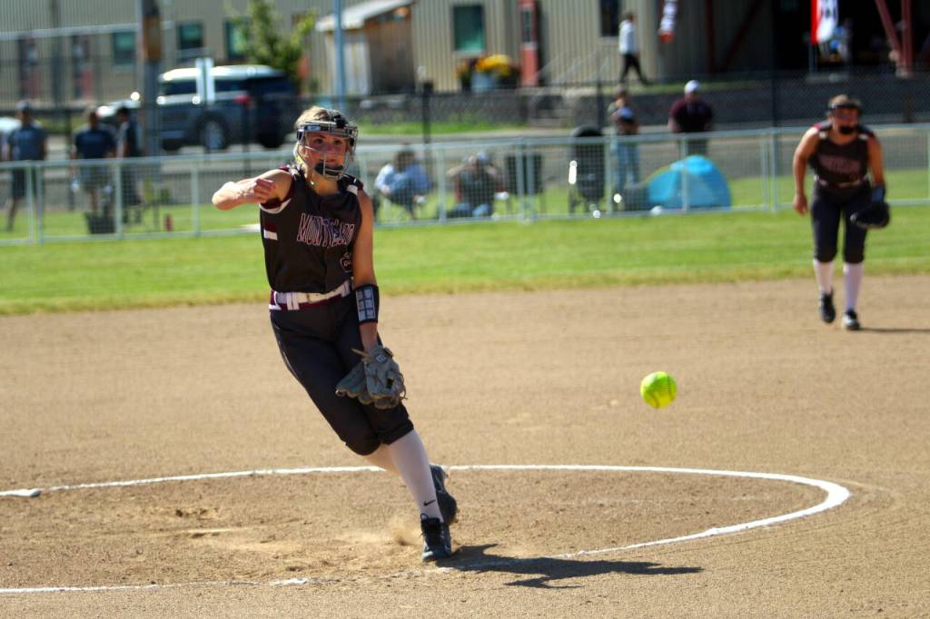 RYAN SPARKS / THE DAILY WORLD Montesano pitcher Riley Timmons threw a no-hitter in a 13-0 win over Hoquiam in a 1A District 4 semifinal game on Wednesday in Centralia.