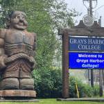 Matthew N. Wells / The Daily World
Charlie Choker, Grays Harbor Colleges (GHC) wooden mascot who stands at the entrance of GHC, will help host Aberdeen City Council meetings in what the city hopes is a temporary permanent set up until the elevator in Aberdeen City Hall is replaced.