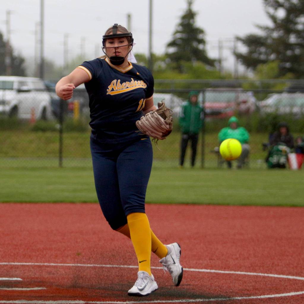 RYAN SPARKS | THE DAILY WORLD Aberdeen senior Annika Hollingsworth earned a complete-game victory in the Bobcats 5-4 win over Tumwater in a 2A District 4 semifinal game on Thursday in Chehalis.