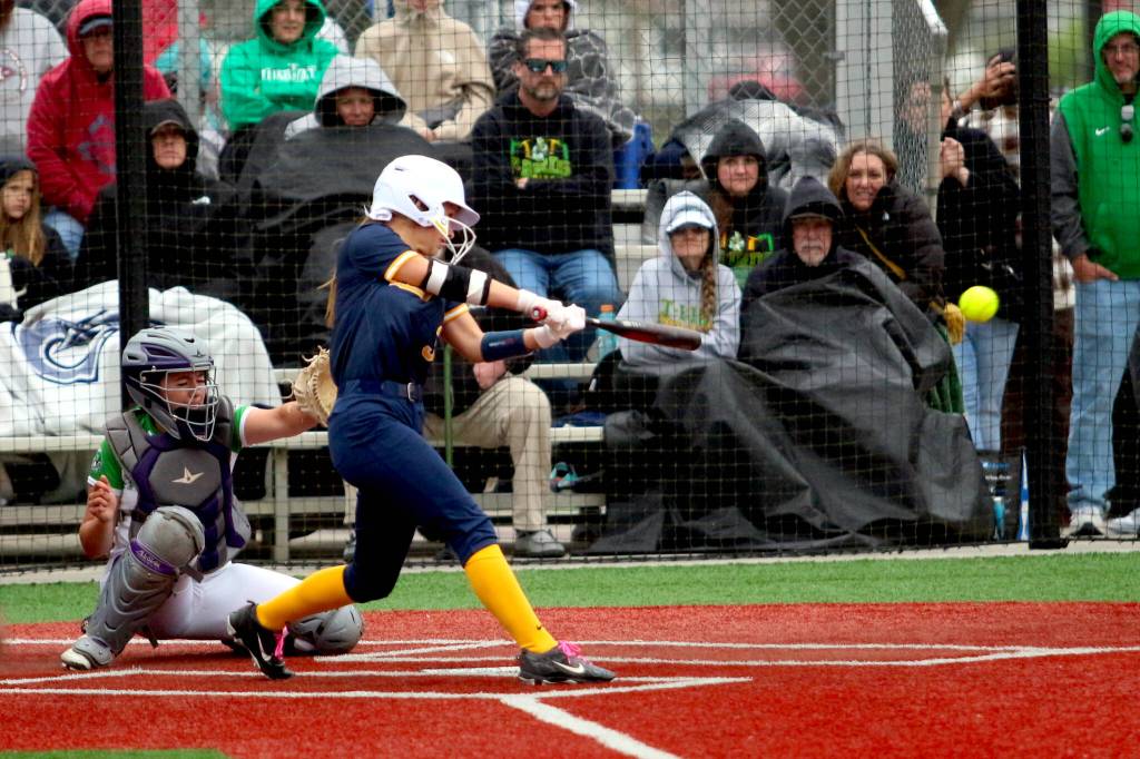 RYAN SPARKS | THE DAILY WORLD Aberdeens Laynie Yakovich smacks a base hit during a 5-4 win over Tumwater in a 2A District 4 semifinal game on Thursday in Chehalis.