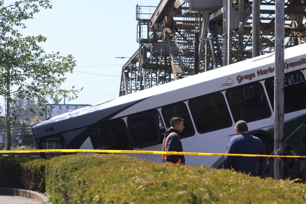 A Grays Harbor Transit bus was involved in a crash on Wednesday afternoon, with one person transported for injuries. (Michael S. Lockett / The Daily World)