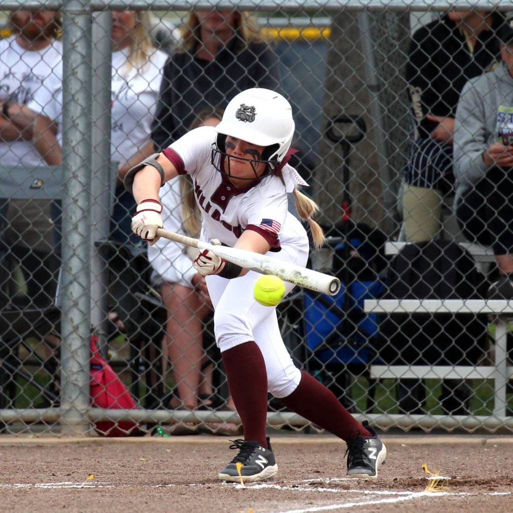 PHOTO BY SHAWN DONNELLY Montesano shortstop Addi Kersker bunts during a 1A State Tournament game this past weekend in Richland.