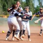 KODY CHRISTEN | THE CHRONICLE Pe Ell-Willapa Valleys (from left) Sophia Milanowski, Rilyn Channell and Lauren Emery celebrate after winning the 2B State third-place game with a win over Kittitas on Saturday at the Gateway Sports Complex in Yakima.