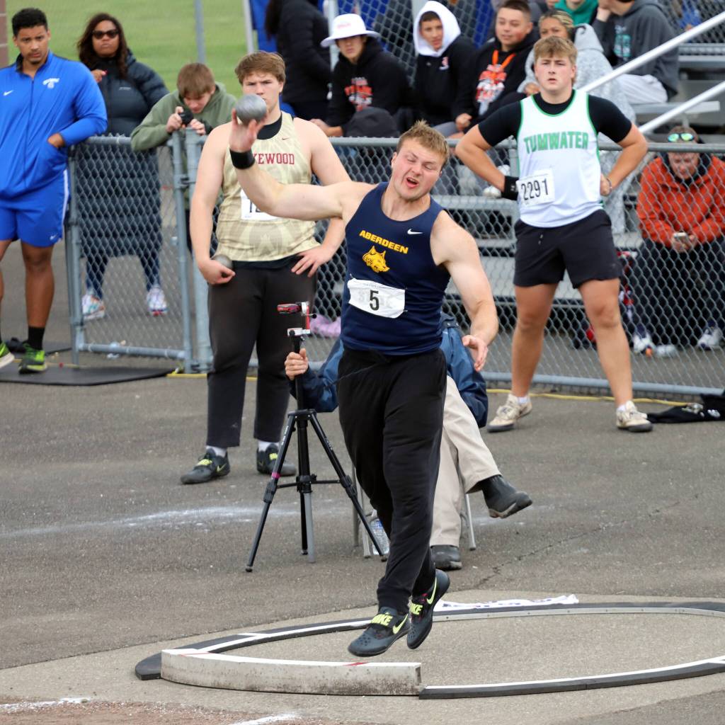 PHOTO BY DENNIS NELSON Aberdeens Tyler Bates throws the shot put during the WIAA 2A State Championships this past weekend in Tacoma.