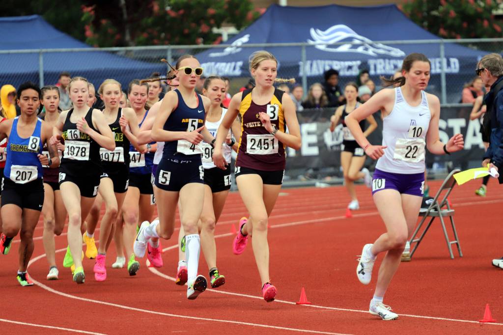 PHOTO BY DENNIS NELSON Aberdeens Ailyn Haggard (glasses) runs in the 2A girls 3200-meter race at the 2A State Championships this past weekend at Mount Tahoma High School in Tacoma.