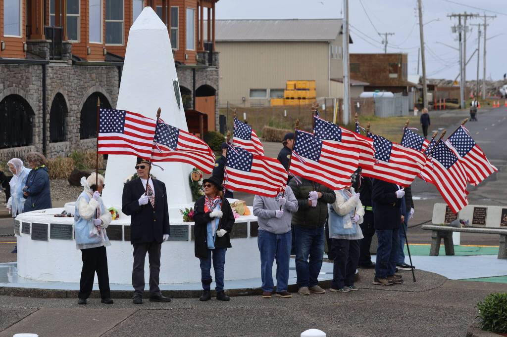 Michael S. Lockett / The Daily World
Members of the fire department and veteran groups present the colors during the Blessing of the Fleet in Westport on Sunday.