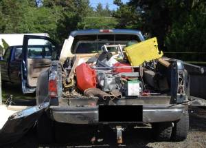 Grays Harbor Sheriffs Office
Damage to a trucks windows and tailgate, including the canopy cover being blown clear, from a black powder device detonated last week, is visible.