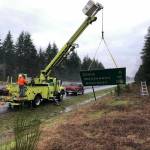 WSDOT
The Washington State Department of Transportation removes the guide sign that helps westbound drivers on Highway 8 know how much farther they are from Elma, Montesano and Aberdeen. The late-Kurt Cobain, who founded Nirvana, made the sign famous. Cobain stood on Nirvana bass player Krist Novoselics hands and covered the 1 and 2 to make the sign read 666.