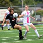 RYAN SPARKS | THE DAILY WORLD Grays Harbor defender Areceli Culp (right) competes for possession against Washington Premieres Kyla Berman during the Gulls 6-0 loss on Saturday at Stewart Field in Aberdeen.