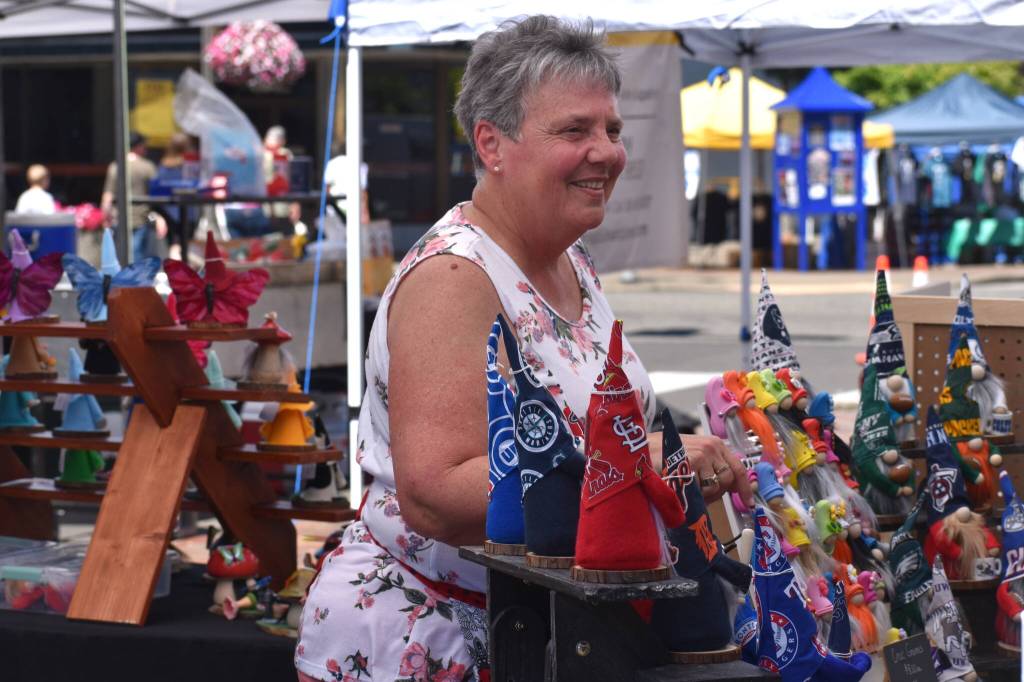 Matthew N. Wells / The Daily World
Karen Kidney, of Longview, owns Found Treasures. She was selling gnomes with NFL and MLB material. Kidney could be heard telling a customer who was perusing her merchandise, I try to make everybody happy, thats what I do.