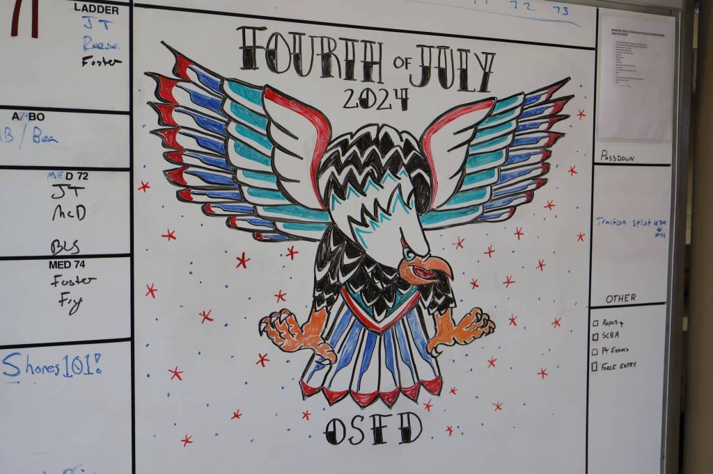 Art adorns the vehicle bay at the Ocean Shores Fire Department on the 4th of July. (Michael S. Lockett / The Daily World)