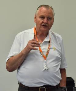 Larry Kenemore, North America Chapter Leader of Rotary Action Group Addiction Prevention North America, discusses training and the need for training to Aberdeen Rotary Club members, nonprofit representatives, social service agencies, and other residents who signed up for his training on Tuesday at the Pearsall Building. (Matthew N. Wells / The Daily World)