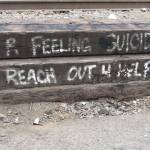 Matthew N. Wells / The Daily World
Some graffiti on the side of the railroad track that runs along the former unhoused encampment showing how dire it could get for people living under the Chehalis River Bridge. For anyone feeling this way, call the national Suicide and Crisis Lifeline at 988.