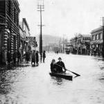 Jones Photo Historical Collection
One of the main points of the speech from Nick Bird, engineer for the city of Aberdeen, was how flooding has played a big part in Grays Harbor Countys history. He mentioned this photo, from 1913, which shows two men on a canoe rowing down Heron Street.