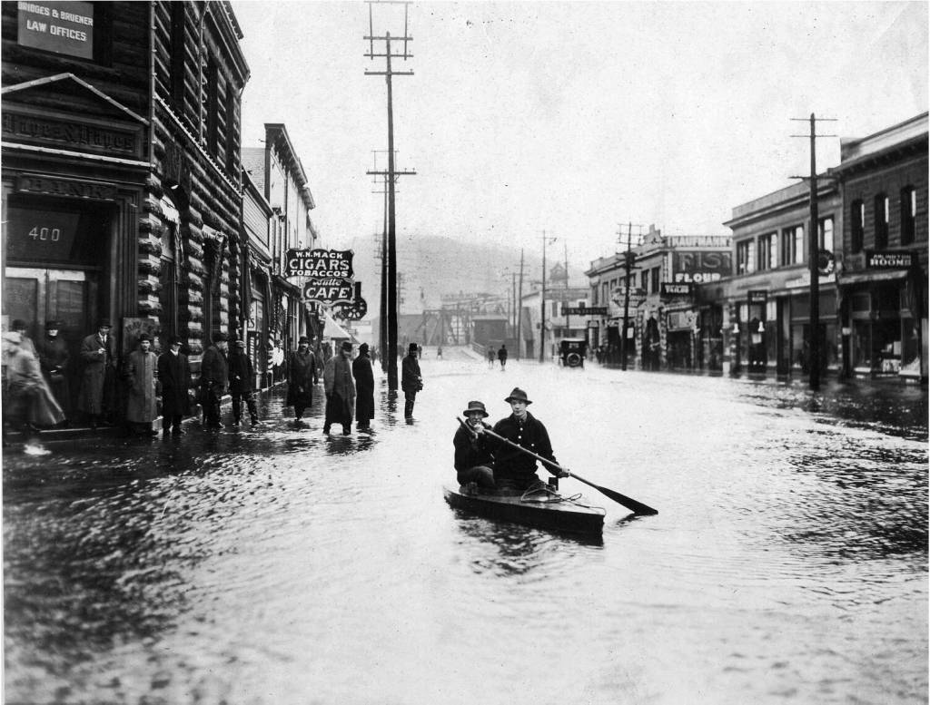Jones Photo Historical Collection
One of the main points of the speech from Nick Bird, engineer for the city of Aberdeen, was how flooding has played a big part in Grays Harbor Countys history. He mentioned this photo, from 1913, which shows two men on a canoe rowing down Heron Street.