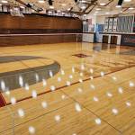 RYAN SPARKS | THE DAILY WORLD The Hoquiam Square Garden gymnasium floor at Hoquiam High School has a new look after renovations were completed this summer. The court will debut to the public when Hoquiam hosts its annual Volleyball Jamboree at 4 p.m. on Thursday, Sept. 5.