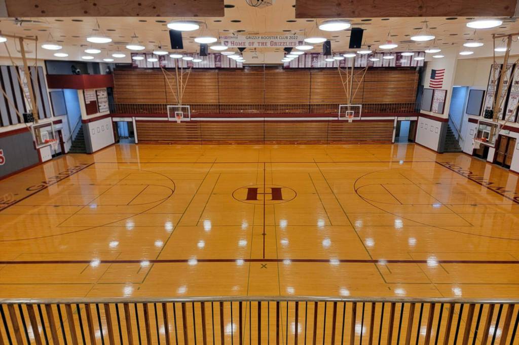 SUBMITTED PHOTO Hoquiams previous gym floor, as seen in this photo, has been sanded down and resurfaced for the for the first time since 2003.