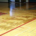 RYAN SPARKS | THE DAILY WORLD A Grizzly design is one of the new features of the renovated gymnasium floor at Hoquiam Square Garden.