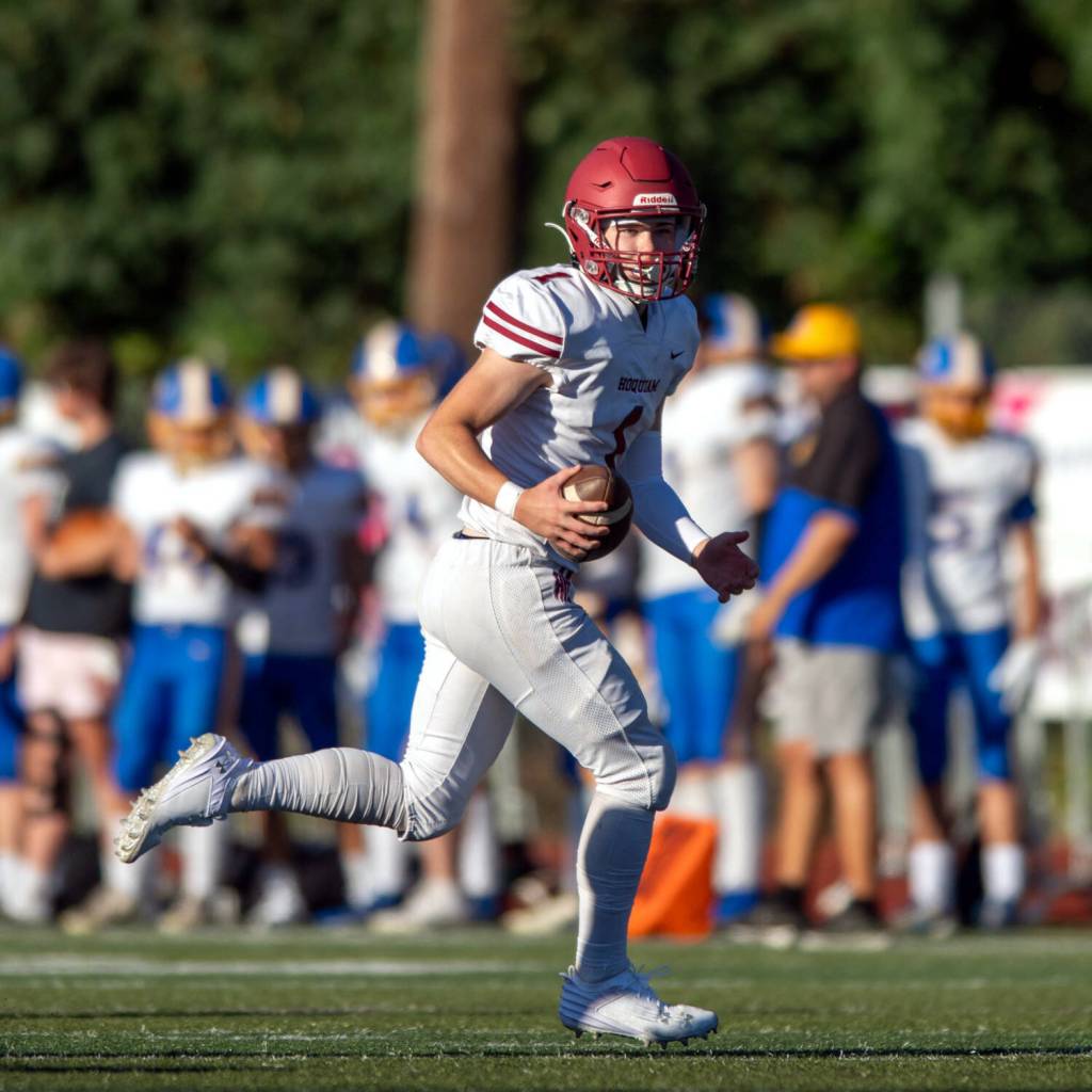 PHOTO BY FOREST WORGUM 
Hoquiam quarterback Joey Bozich scrambles during the Montesano Jamboree on Aug. 30. Hoquiam faces Columbia (White Salmon) in a Week 1 game at 4 p.m. Friday at Olympic Stadium.