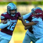 PHOTO BY FOREST WORGUM 
Montesanos Toren Crites (12) attempts to avoid the tackle by Hoquiams Junior Soto during the Montesano Jamboree on Aug. 30. The two teams open the season with home games on Friday.