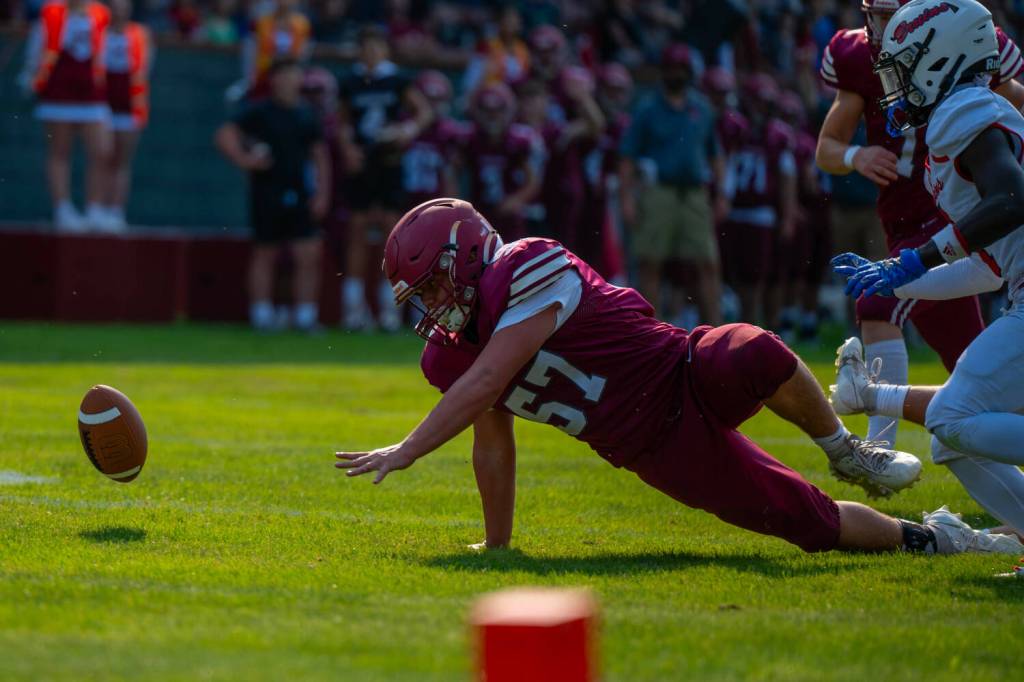 PHOTO BY FOREST WORGUM Hoquiam defensive lineman Jerry Jeremiah (57) recovered a fumble in the end zone for a touchdown during a 16-13 loss to Columbia (White Salmon) on Friday at Olympic Stadium in Hoquiam.