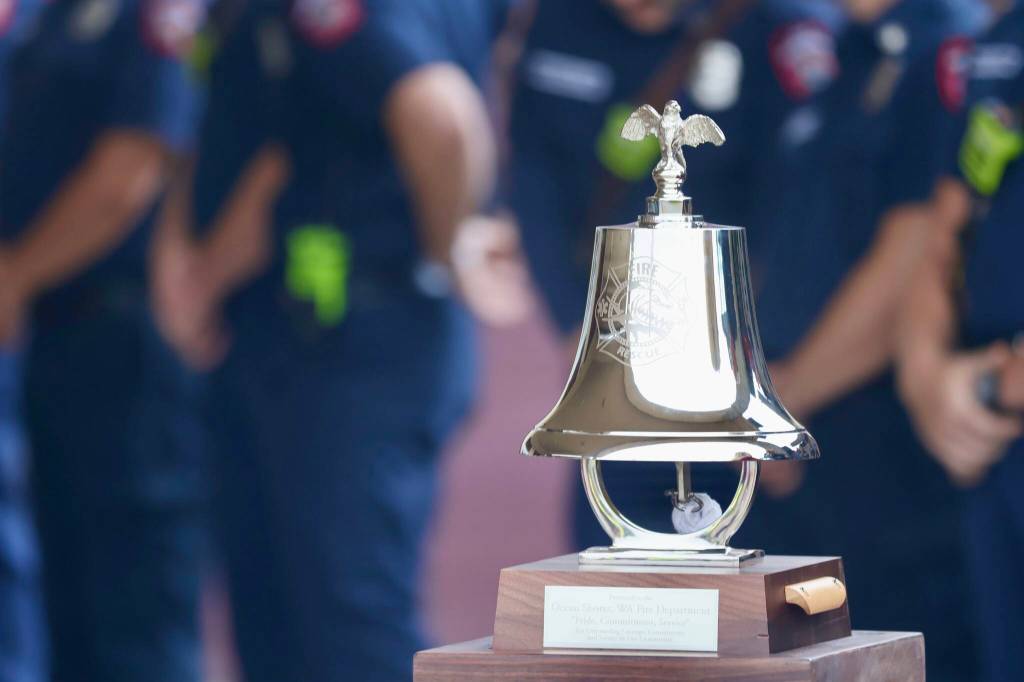 The VFW Post Auxiliary in Ocean Shores recently donated a ceremonial bell to the fire department. (Michael S. Lockett / The Daily World)
