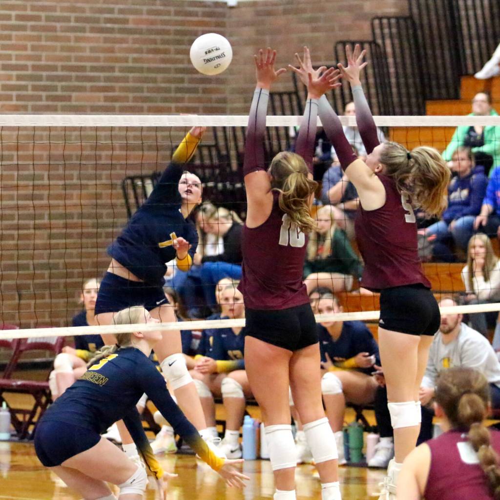 RYAN SPARKS | THE DAILY WORLD Aberdeen middle blocker Ashlyn Richie scores on a kill during a 3-1 loss to Montesano on Wednesday at Montesano High School.