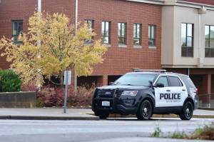 Michael S. Lockett / The Daily World
An Aberdeen police vehicle is one of the more visible components in the response after school administrators raised the security levels following a report Tuesday that an unknown person was going to bring a gun to Aberdeen High School.