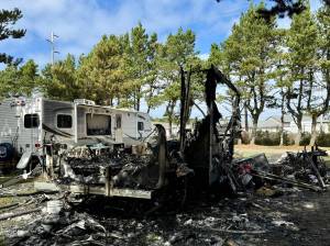 Michael S. Lockett / The Daily World
Fire annihilated an RV in Westport on Thursday morning.
