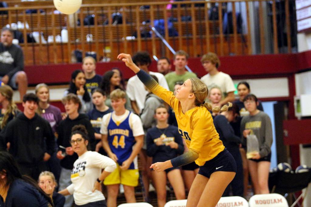 RYAN SPARKS | THE DAILY WORLD Aberdeen libero Sophie Knutson performs a jump serve during a 3-0 loss to Hoquiam on Thursday in Hoquiam.