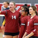 RYAN SPARKS | THE DAILY WORLD Hoquiam players (from left) Sydney Gordon, Aaliyah Kennedy, Keren Parra and Katlyn Brodhead helped the Grizzlies defeat Aberdeen 3-0 on Thursday at Hoquiam Square Garden.