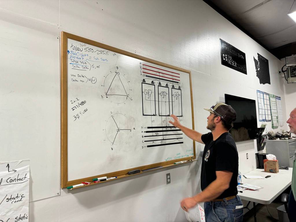 Michael S. Lockett / The Daily World
Craig McAlpin gestures at a transformer diagram at the Grays Harbor PUDs training center.