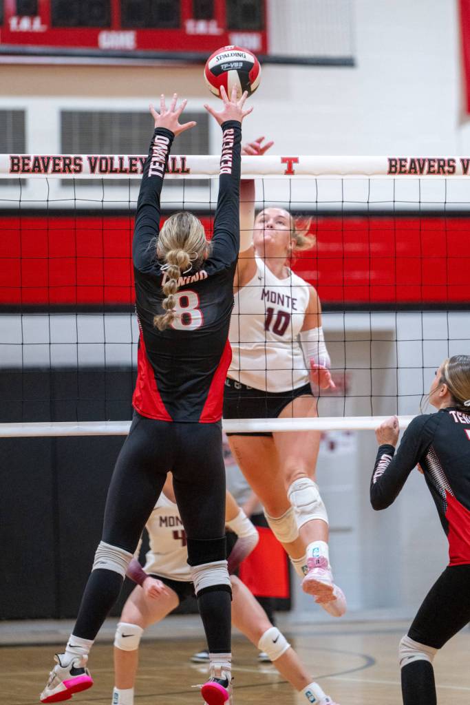 PHOTO BY FOREST WORGUM Montesanos Kalia Hatton (10) makes a play at the net during a 3-0 win over Tenino on Thursday in Tenino.