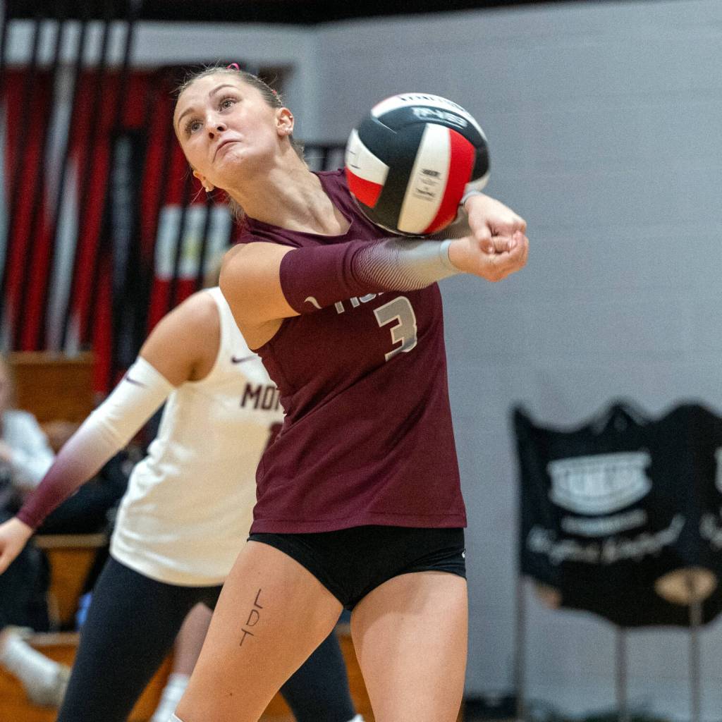 PHOTO BY FOREST WORGUM Montesano libero Bentley Warne receives a serve during a win over Tenino on Thursday at Tenino High School.