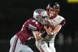PHOTO BY FOREST WORGUM Montesanos Toren Crites (24) defends a pass during a 35-19 victory over Napavine on Friday in Montesano.