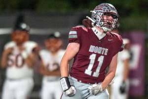 PHOTO BY FOREST WORGUM Montesanos Gabe Pyhala celebrates during a 35-19 victory over Napavine on Friday at Montesano High School.