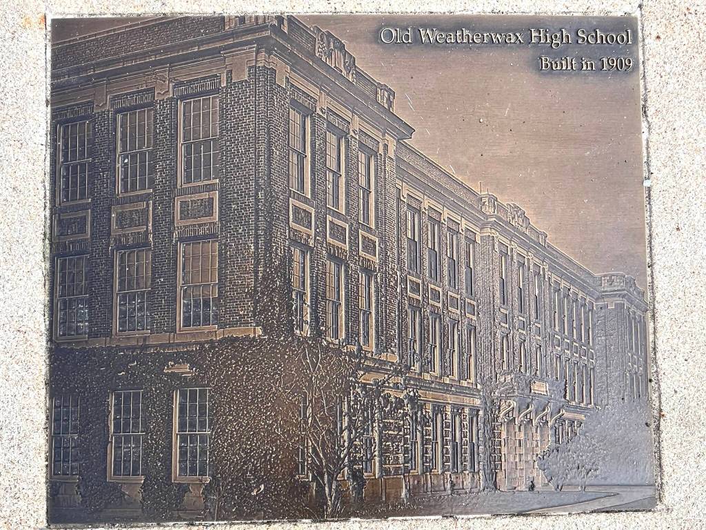 Matthew N. Wells / The Daily World
A plaque showing the old Weatherwax High School, the school burned down in 2002, is affixed to the Breaker structure that lies along the Simpson Avenue bend.