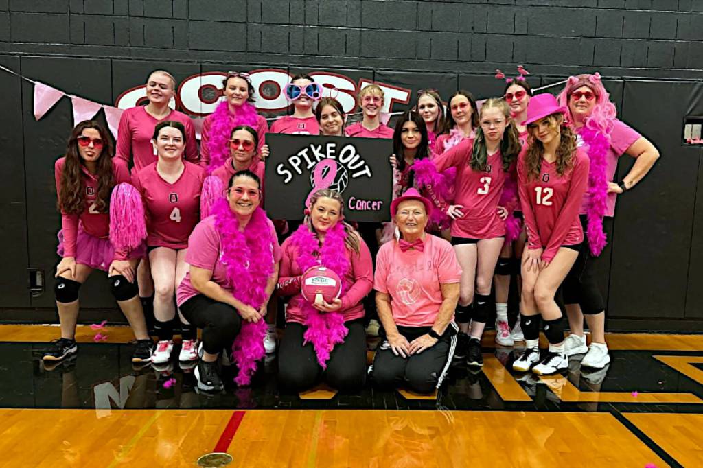 SUBMITTED PHOTO Ocosta celebrated its Spike Out Cancer night by wearing alternate pink jerseys and beating Lake Quinault 3-0 on Thursday in Westport.