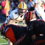 RYAN SPARKS | THE DAILY WORLD Aberdeen linebacker Sam Schreiber (8) stares down the Centralia offense during a 40-0 win on Saturday in Centralia.