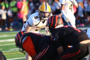 RYAN SPARKS | THE DAILY WORLD Aberdeen linebacker Sam Schreiber (8) stares down the Centralia offense during a 40-0 win on Saturday in Centralia.