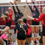 PHOTO BY FOREST WORGUM 
Montesanos Violet Prince (11) and Kaila Hatton (10) make a play at the net during a 3-0 win over Tenino on Tuesday at Montesano High School.